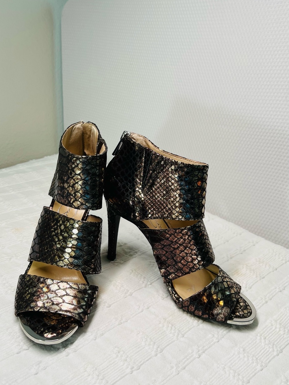 Jessica Simpson Metallic Snake-Embossed Open-Toe Heels - Black/Bronze